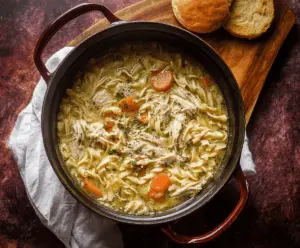 Hearty Dutch Oven Chicken Noodle Soup in a rustic bowl with fresh herbs and vegetables