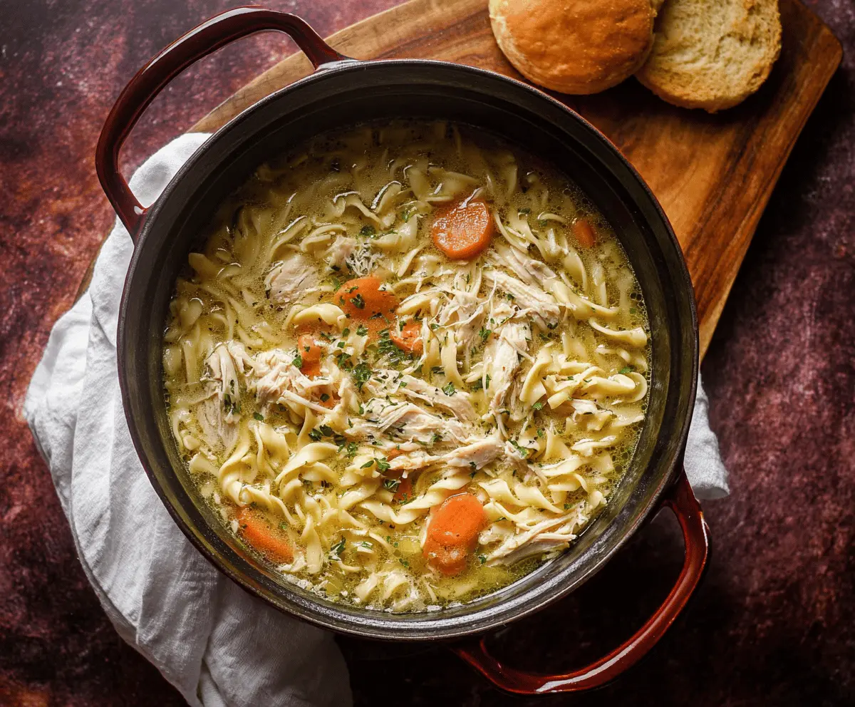 Hearty Dutch Oven Chicken Noodle Soup in a rustic bowl with fresh herbs and vegetables
