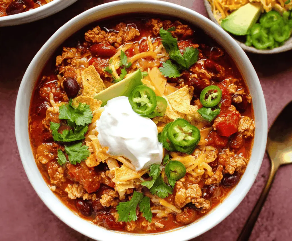 Spicy Enchilada Chili topped with melted cheese and fresh cilantro in a bowl, ready to serve