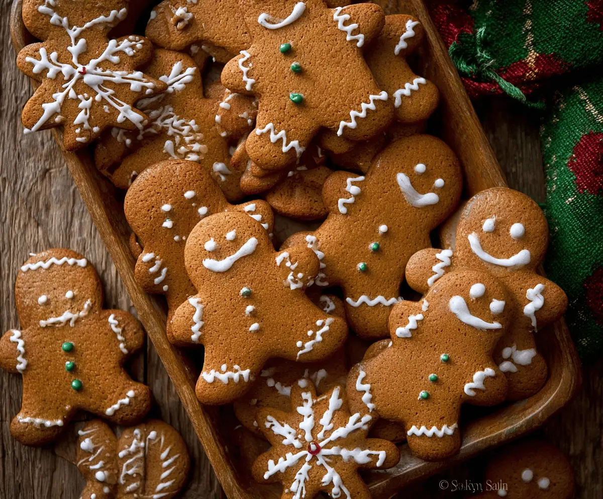 Delicious homemade gingerbread cookies decorated with white icing and colorful sprinkles on a festive holiday plate.
