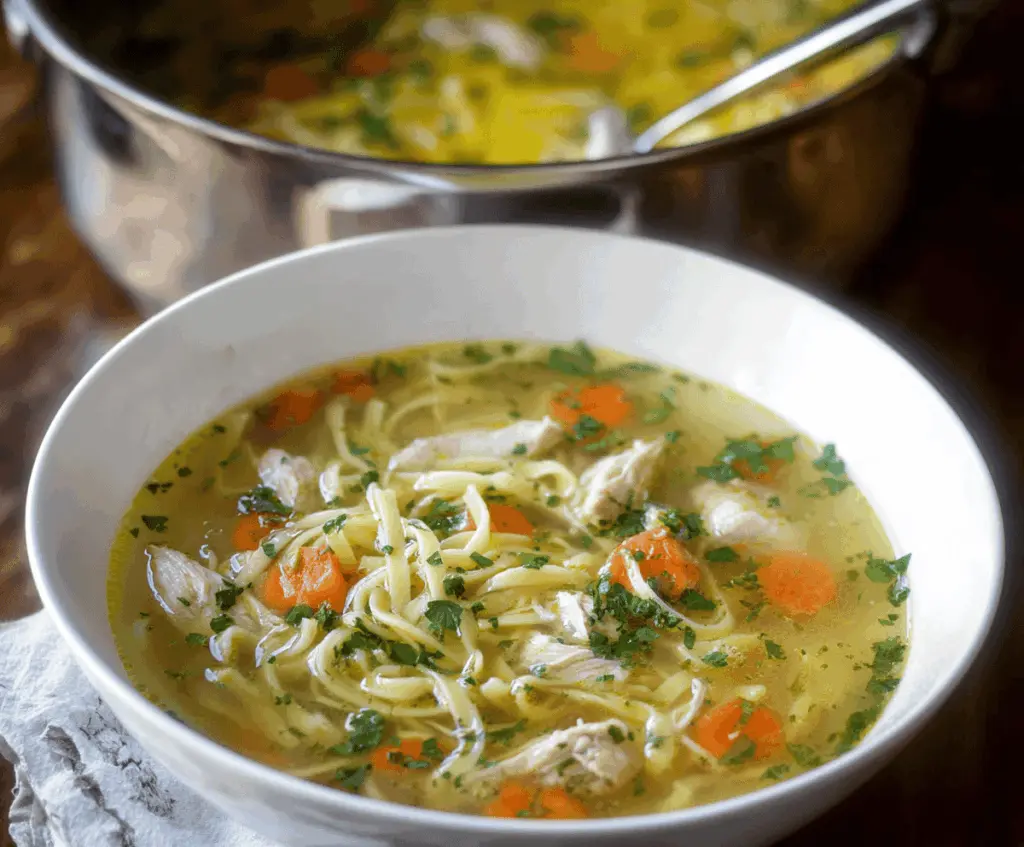 A steaming bowl of gluten-free chicken noodle soup garnished with fresh herbs and vegetables, perfect for a comforting, allergy-friendly meal.