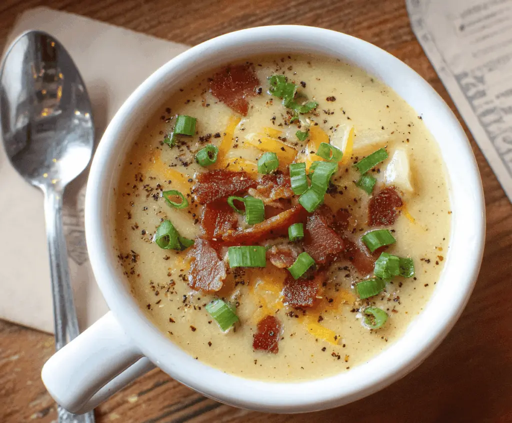 Creamy gluten-free potato soup in a rustic bowl garnished with fresh herbs and served with crusty bread on the side.