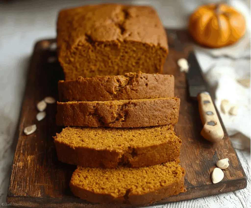 Delicious homemade gluten-free pumpkin bread sliced and served on a plate, topped with a sprinkle of cinnamon and walnuts, perfect for fall baking.