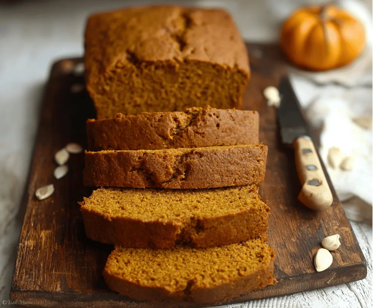 Delicious homemade gluten-free pumpkin bread sliced and served on a plate, topped with a sprinkle of cinnamon and walnuts, perfect for fall baking.