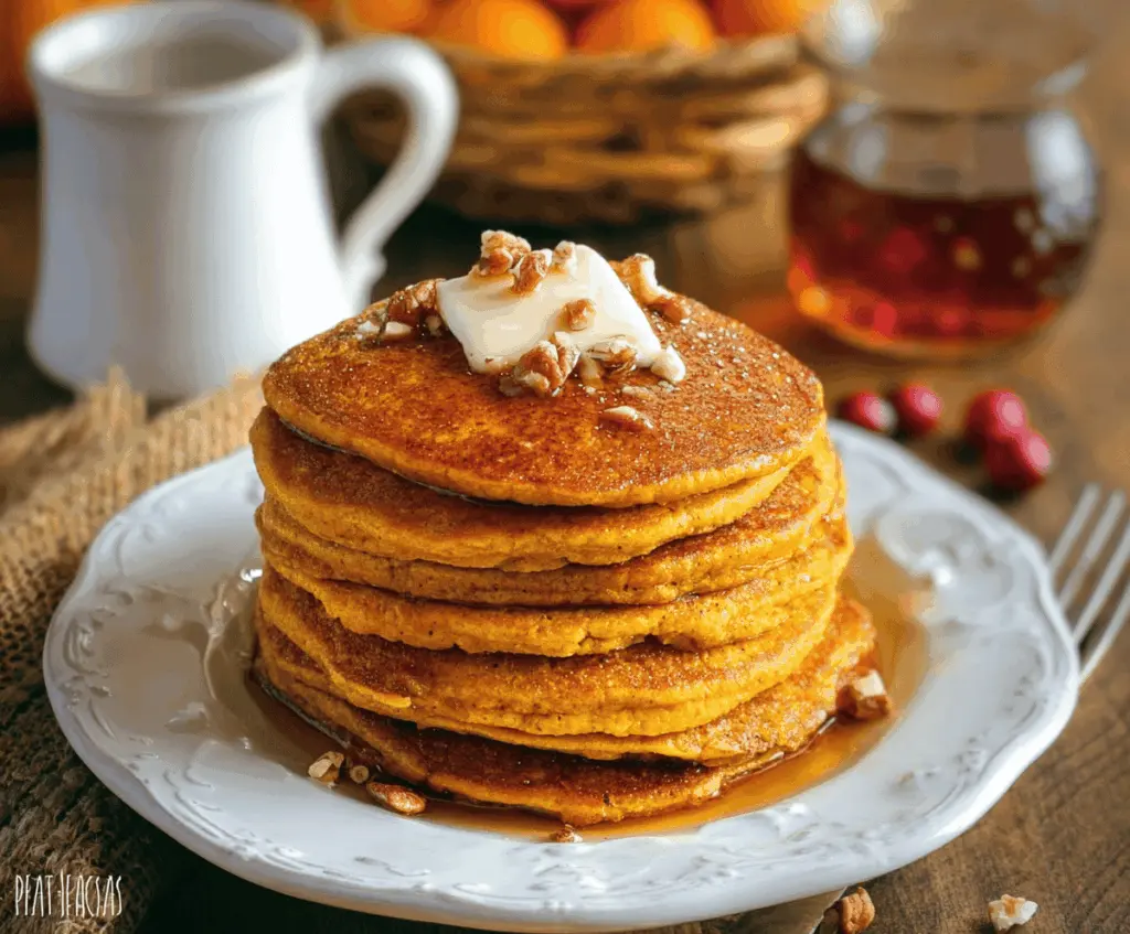 Delicious gluten-free pumpkin pancakes topped with syrup and fresh autumn spices on a plate for a cozy breakfast
