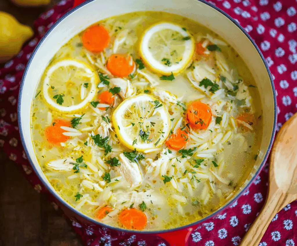 A steaming bowl of Greek Lemon Orzo Chicken Soup garnished with fresh herbs and lemon slices, showcasing tender chicken, orzo pasta, and vibrant citrus flavor.