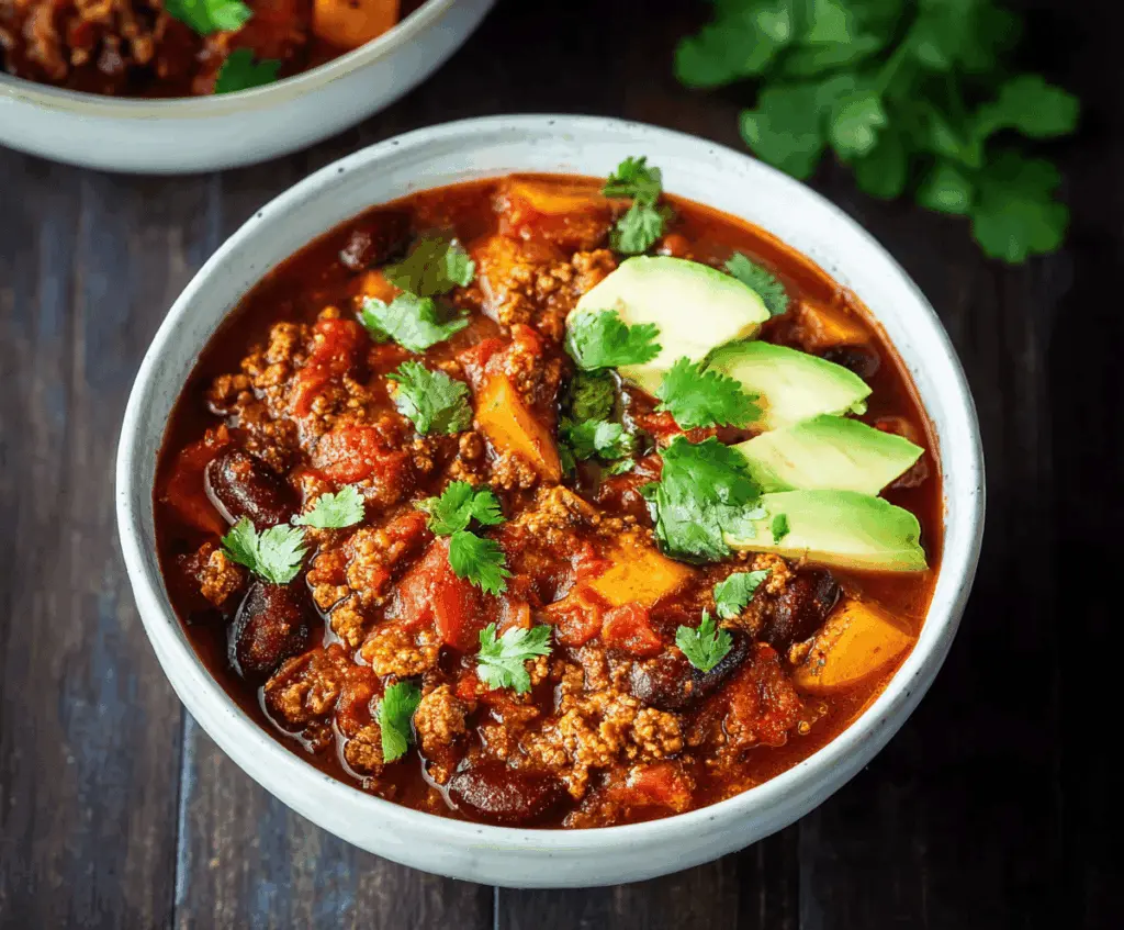 Hearty and nutritious healthy chili served in a bowl with fresh vegetables and spices, perfect for a wholesome meal