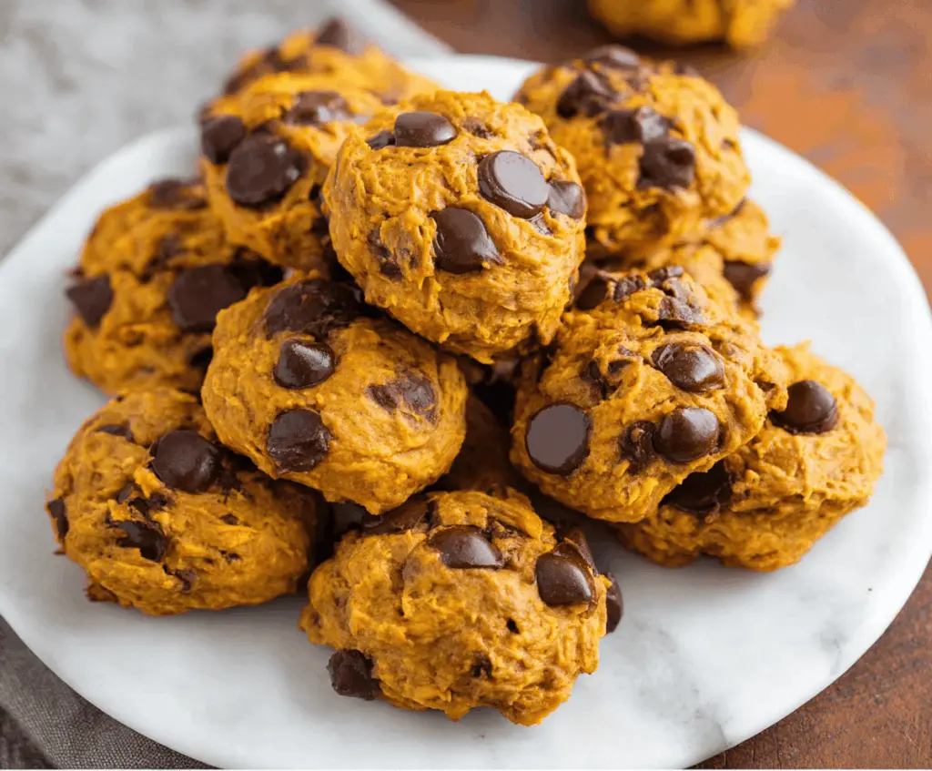 Freshly baked healthy pumpkin cookies on a plate, showcasing their soft texture and warm autumn flavors, perfect for a nutritious snack or dessert.