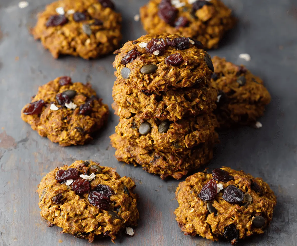 Delicious and healthy pumpkin oatmeal cookies with a golden-brown exterior and chewy texture, perfect for a nutritious snack or breakfast treat