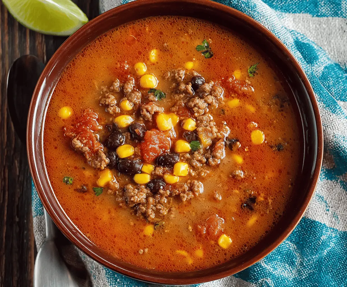 A bowl of hearty high-protein taco soup topped with shredded cheese, fresh cilantro, and diced avocado, served with tortilla chips on the side.