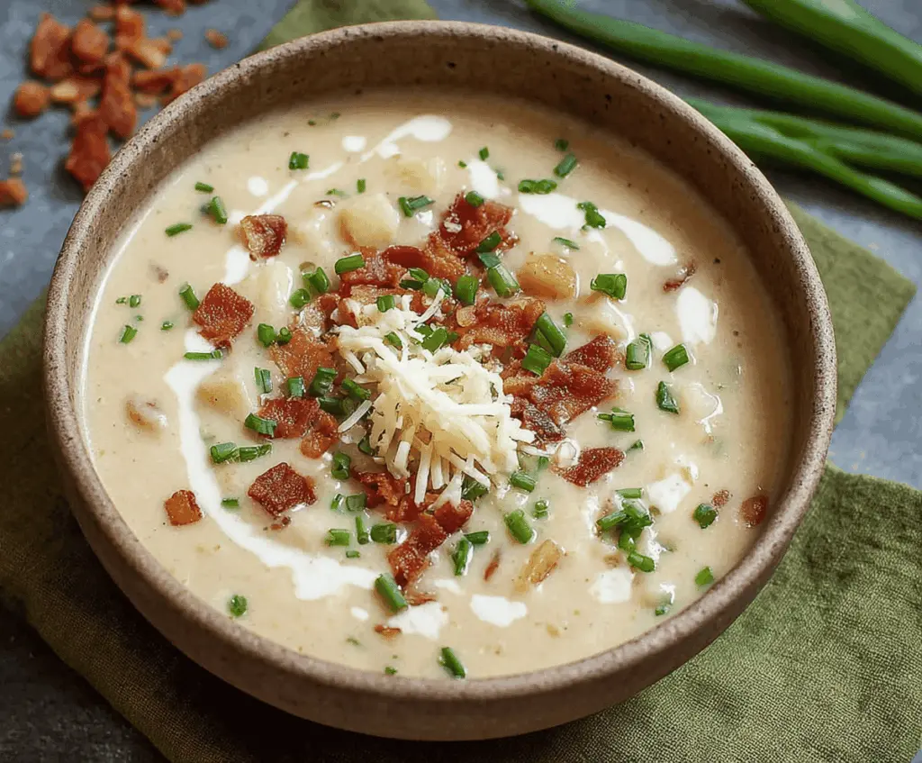 Creamy Irish Potato Soup topped with fresh herbs in a rustic bowl, perfect for a comforting meal