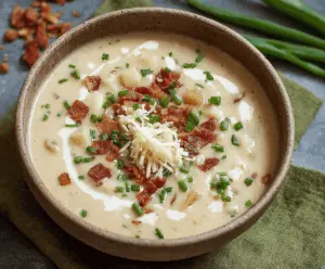 Creamy Irish Potato Soup topped with fresh herbs in a rustic bowl, perfect for a comforting meal