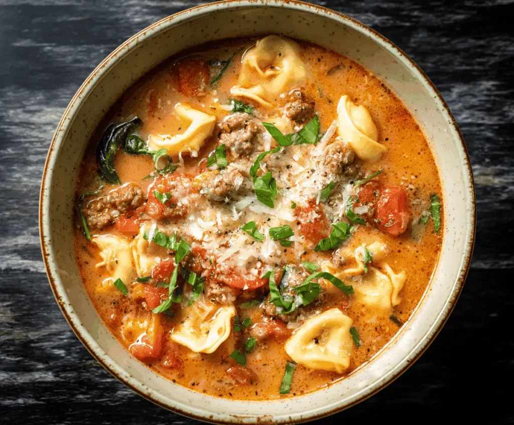 A bowl of Italian Sausage Tortellini Soup featuring sliced Italian sausage, tender tortellini pasta, fresh spinach, and grated Parmesan cheese in a flavorful broth.
