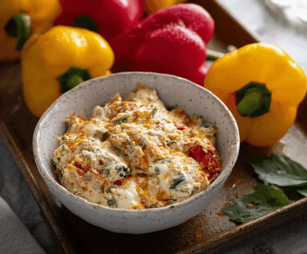 Colorful loaded bell pepper dip served in a white bowl with chopped vegetables and herbs, perfect for snacking or party appetizers.