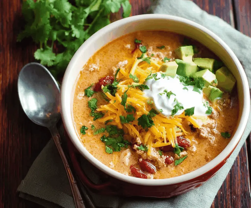 A bowl of flavorful low-carb taco soup garnished with fresh cilantro, shredded cheese, and a lime wedge, showcasing a healthy, hearty meal option.