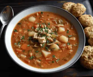 A steaming bowl of Manhattan clam chowder garnished with fresh herbs, featuring a rich tomato-based broth with clams, vegetables, and herbs.