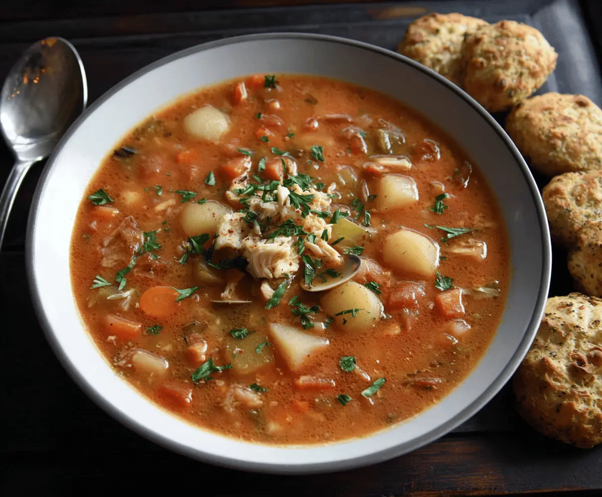 A steaming bowl of Manhattan clam chowder garnished with fresh herbs, featuring a rich tomato-based broth with clams, vegetables, and herbs.