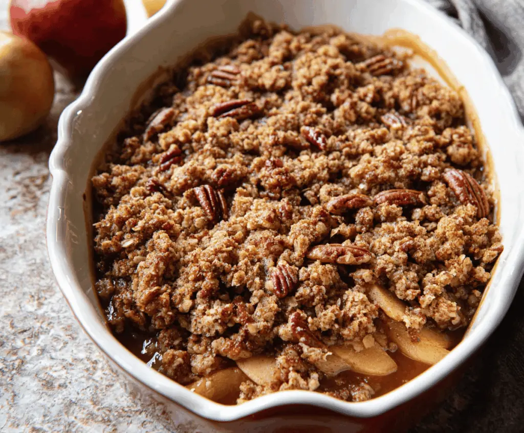 Delicious Maple Pecan Apple Crisp topped with toasted pecans and a golden crispy crust, served in a bowl with fresh apple slices