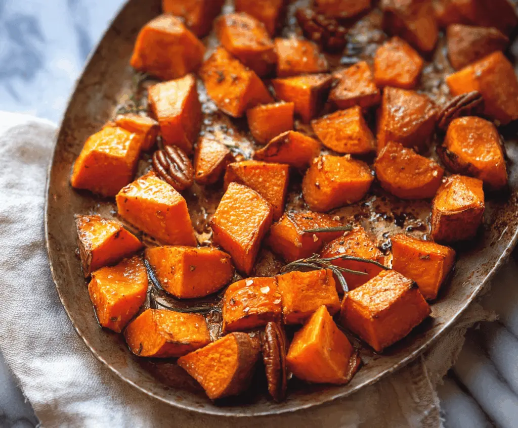 Delicious maple roasted sweet potatoes garnished with fresh herbs on a rustic wooden table, perfect for a healthy side dish