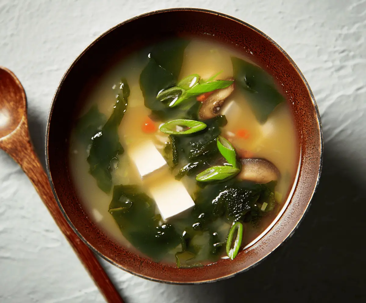A bowl of steaming miso soup garnished with sliced green onions and tofu cubes, served in a traditional ceramic bowl on a wooden table.