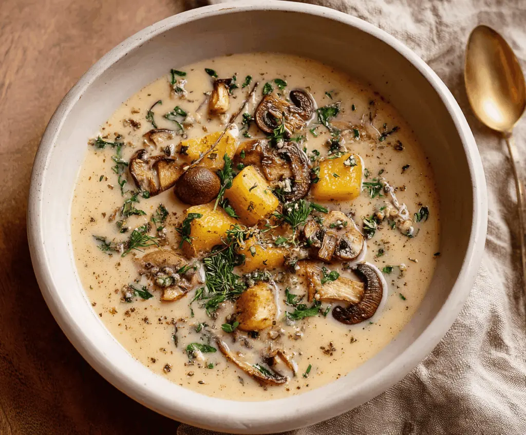 Creamy mushroom and potato soup in a bowl, garnished with fresh herbs, perfect for a comforting meal.