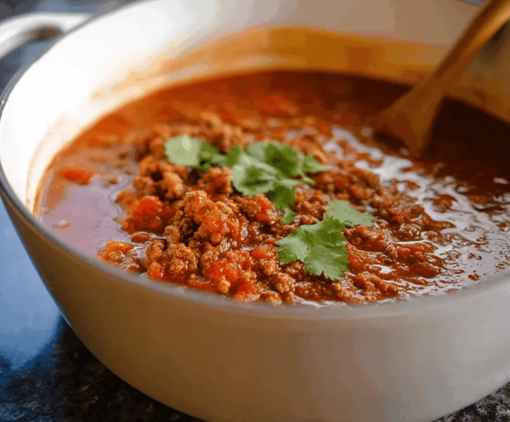 Hearty no-bean chili in a bowl garnished with fresh herbs and topped with shredded cheese, served alongside crusty bread