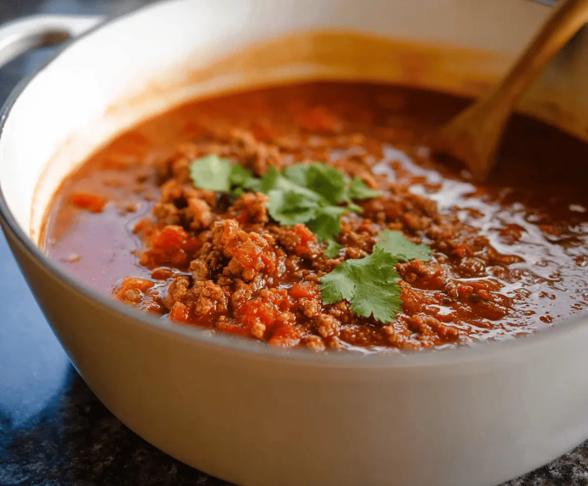 Hearty no-bean chili in a bowl garnished with fresh herbs and topped with shredded cheese, served alongside crusty bread