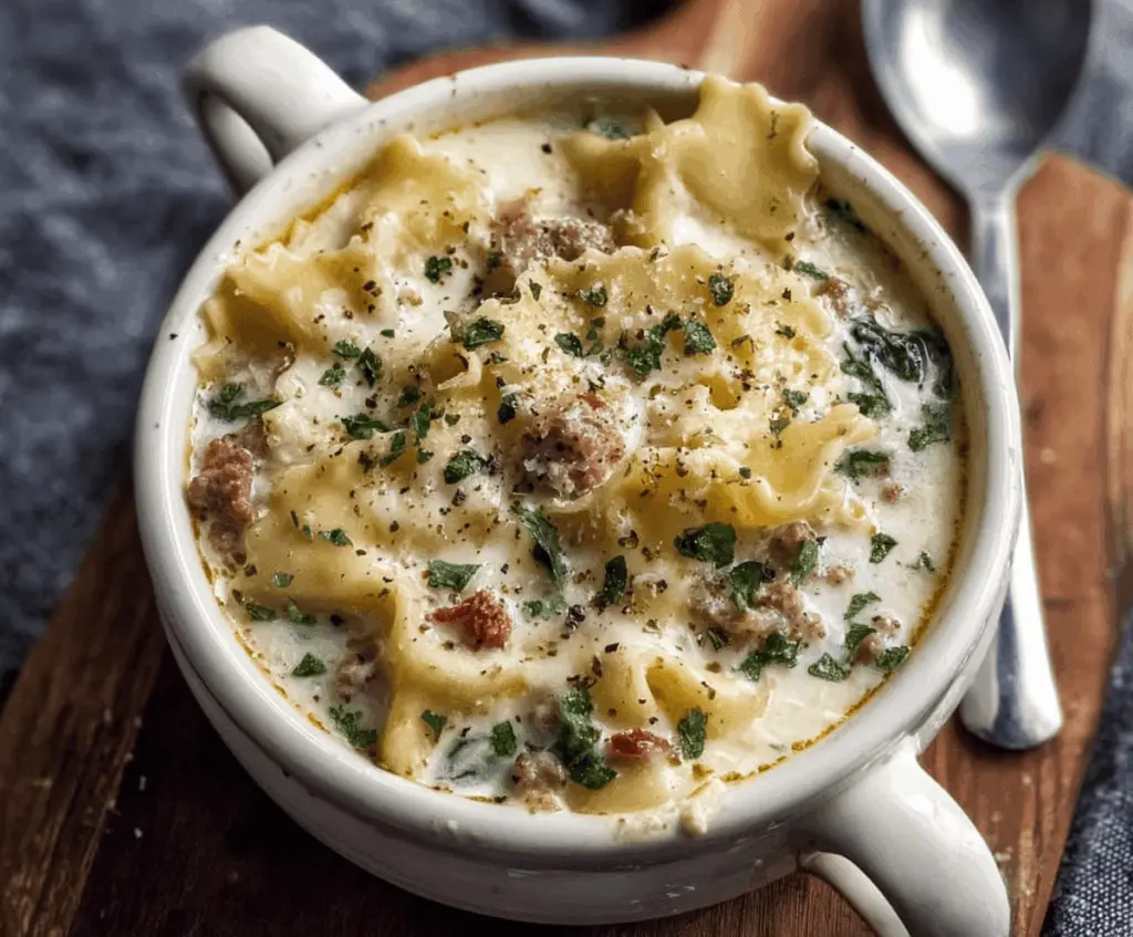 Creamy Alfredo Lasagna Soup served in a bowl with melted cheese, pasta, and fresh herbs, in a cozy kitchen setting