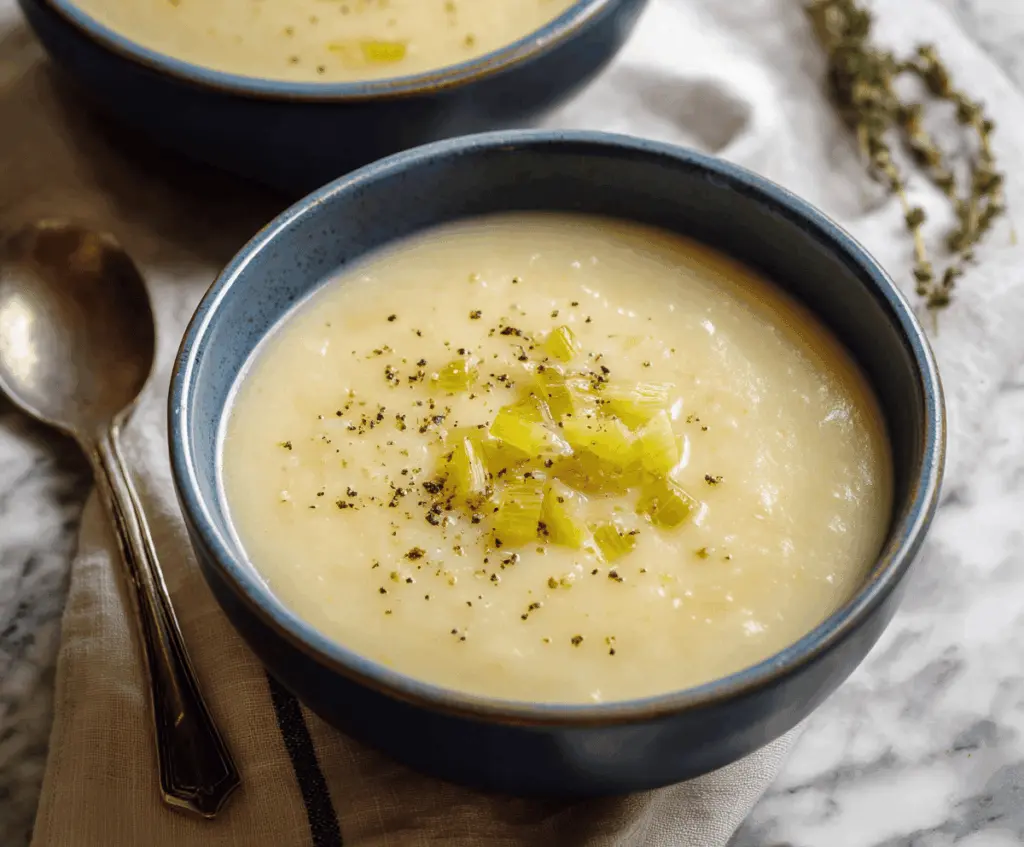 Creamy Potato Leek Soup served in a bowl with fresh herbs, perfect for a warm, comforting meal.