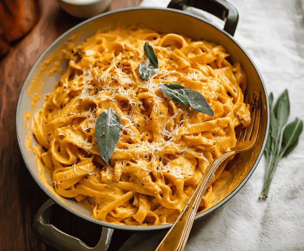 Creamy pumpkin Alfredo pasta topped with fresh herbs and grated cheese, served on a white plate for a comforting fall-inspired meal.