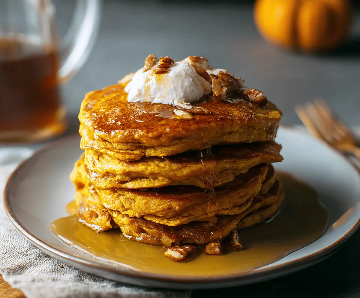 Delicious pumpkin apple pancakes topped with syrup and fresh fruit on a plate, perfect for fall breakfast