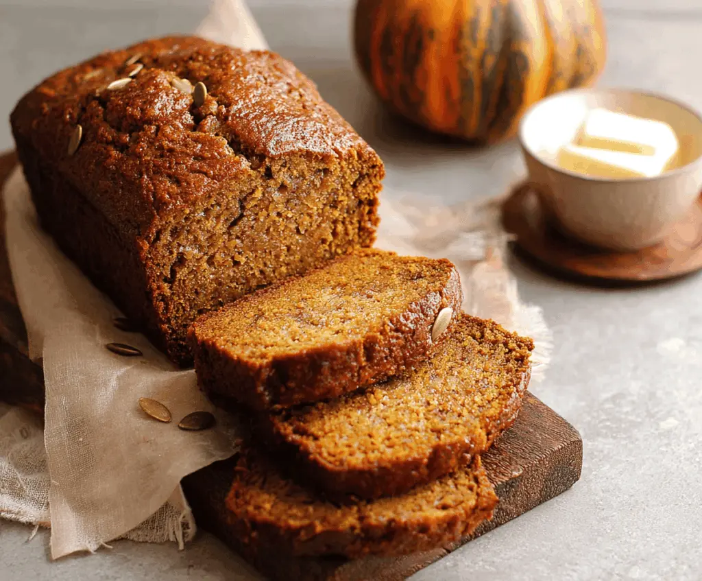 Delicious homemade pumpkin banana bread with a golden crust and moist interior, perfect for fall desserts or snack times.