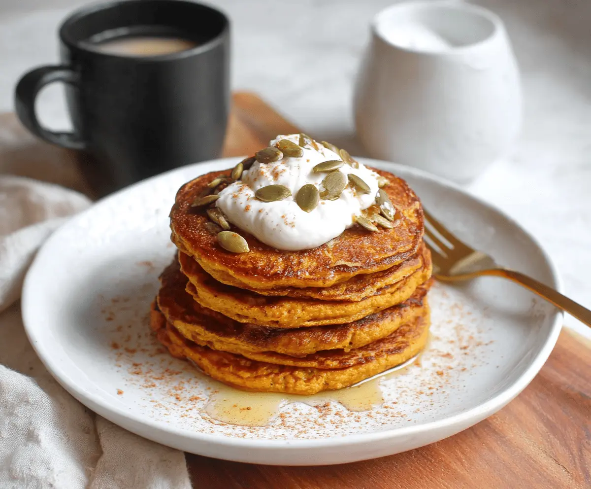 Delicious Pumpkin Cottage Cheese Pancakes topped with maple syrup and fresh berries on a white plate