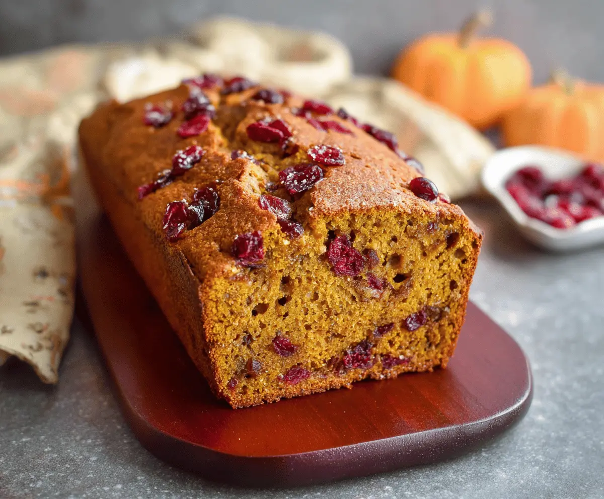 Slice of homemade Pumpkin Cranberry Bread topped with cranberries and a dusting of powdered sugar on a rustic wooden table.