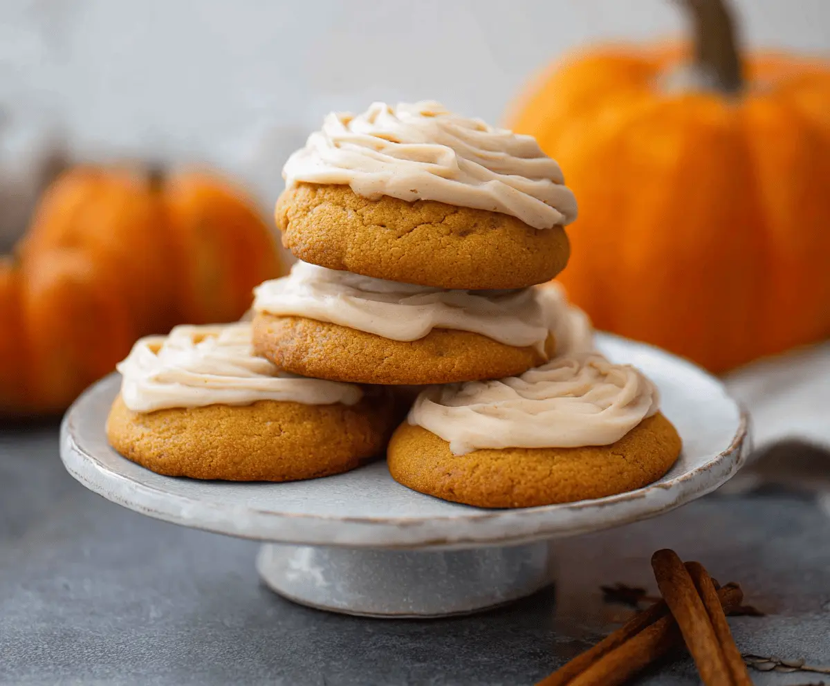 Delicious homemade pumpkin frosted cookies decorated with festive orange icing and sprinkles, perfect for fall desserts