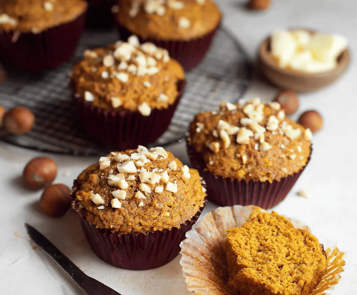 Delicious homemade pumpkin hazelnut muffins with a golden crust, garnished with chopped hazelnuts on top, perfect for fall baking.
