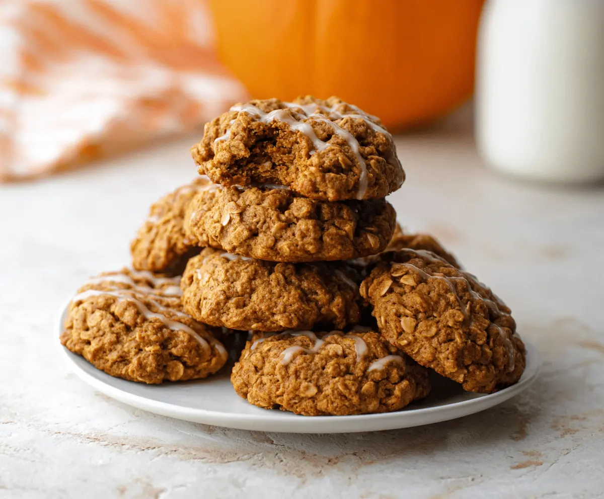 Delicious homemade pumpkin oatmeal cookies with raisins on a rustic wooden surface, perfect for fall snacks and healthy treats