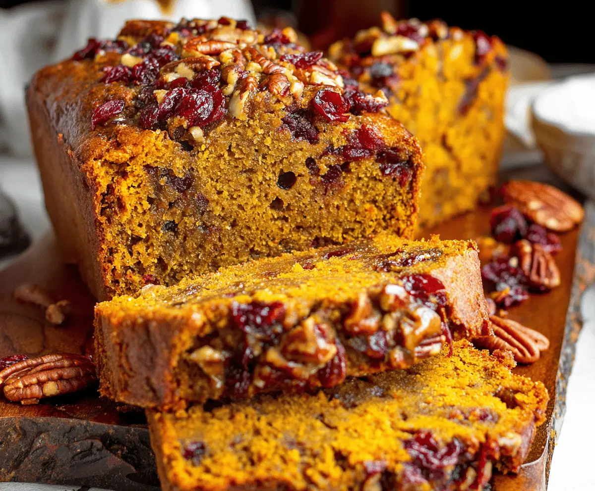 Delicious homemade Pumpkin Pecan Cranberry Bread topped with toasted pecans and fresh cranberries, perfect for fall baking