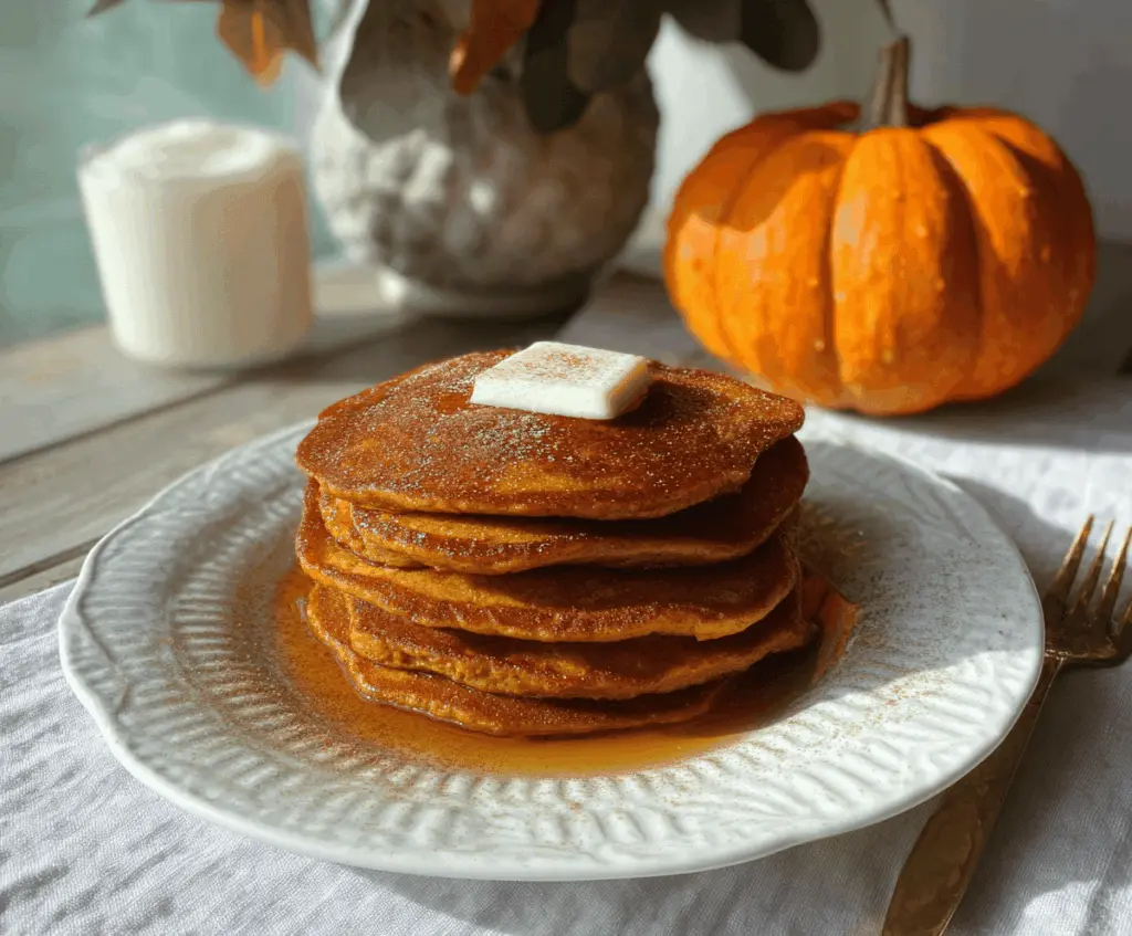 Fluffy pumpkin pie spice pancakes topped with whipped cream and cinnamon, served on a plate with fresh fall decorations