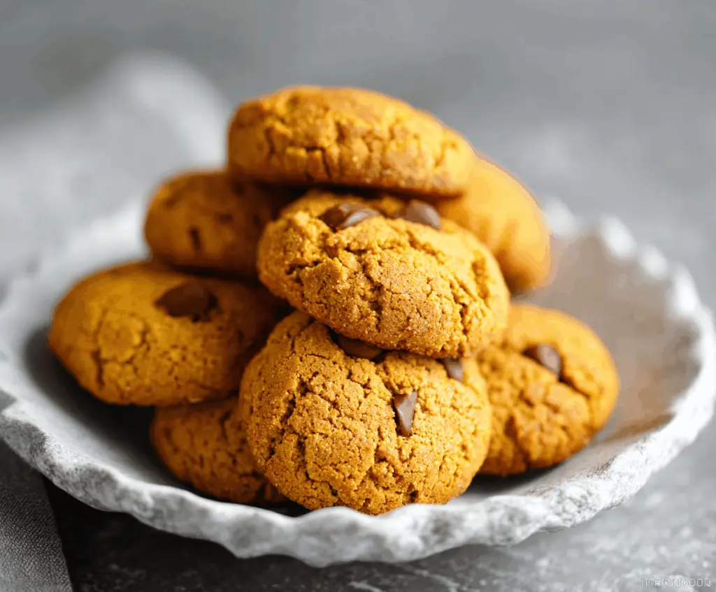 Healthy pumpkin protein cookies with chocolate chips and oats on a white plate, perfect for a nutritious snack