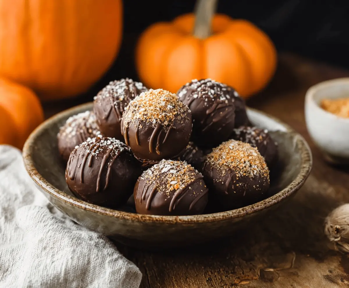 Delicious homemade pumpkin protein truffles garnished with crushed nuts on a white plate, perfect for healthy snacking
