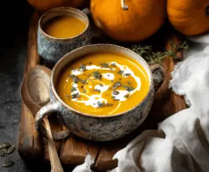 Creamy pumpkin soup garnished with fresh herbs and a swirl of cream in a rustic bowl, perfect for fall comfort food.
