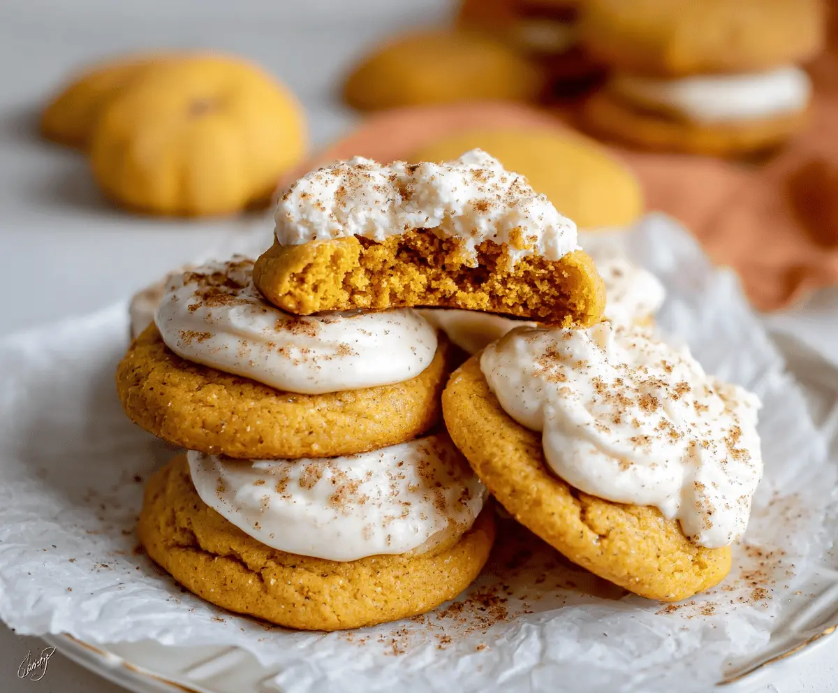 Delicious homemade pumpkin sugar cookies topped with creamy cream cheese frosting, perfect for fall desserts