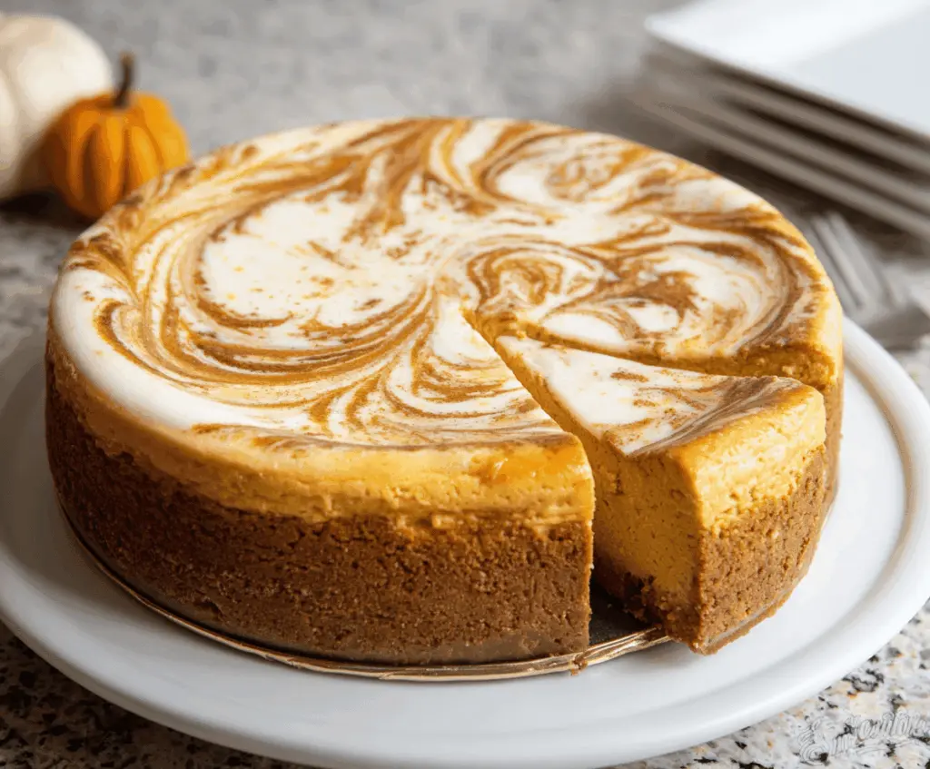 Creamy pumpkin swirl cheesecake topped with whipped cream and a sprinkle of cinnamon, perfect for fall desserts.