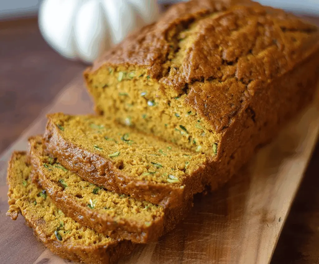 Delicious homemade pumpkin zucchini bread with a golden crust, featuring moist texture and fresh zucchini chunks, perfect for fall baking.