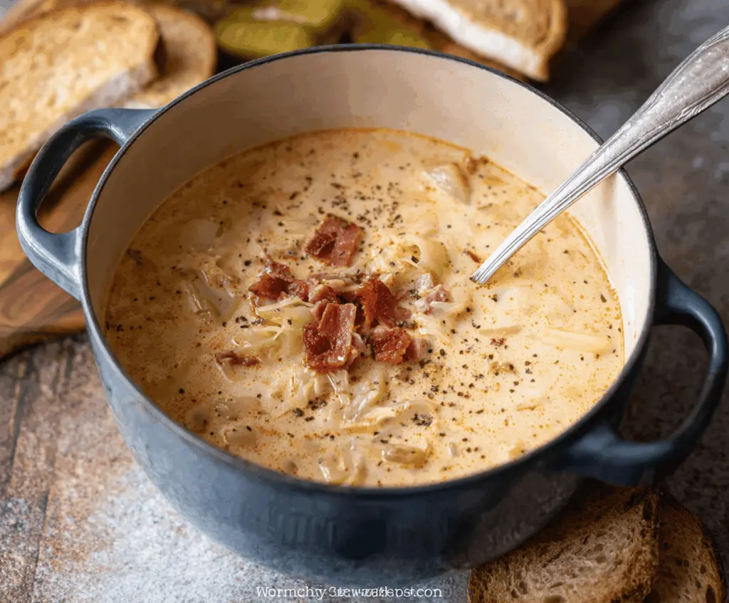 Creamy Reuben Soup with corned beef, sauerkraut, Swiss cheese, and rye croutons in a bowl