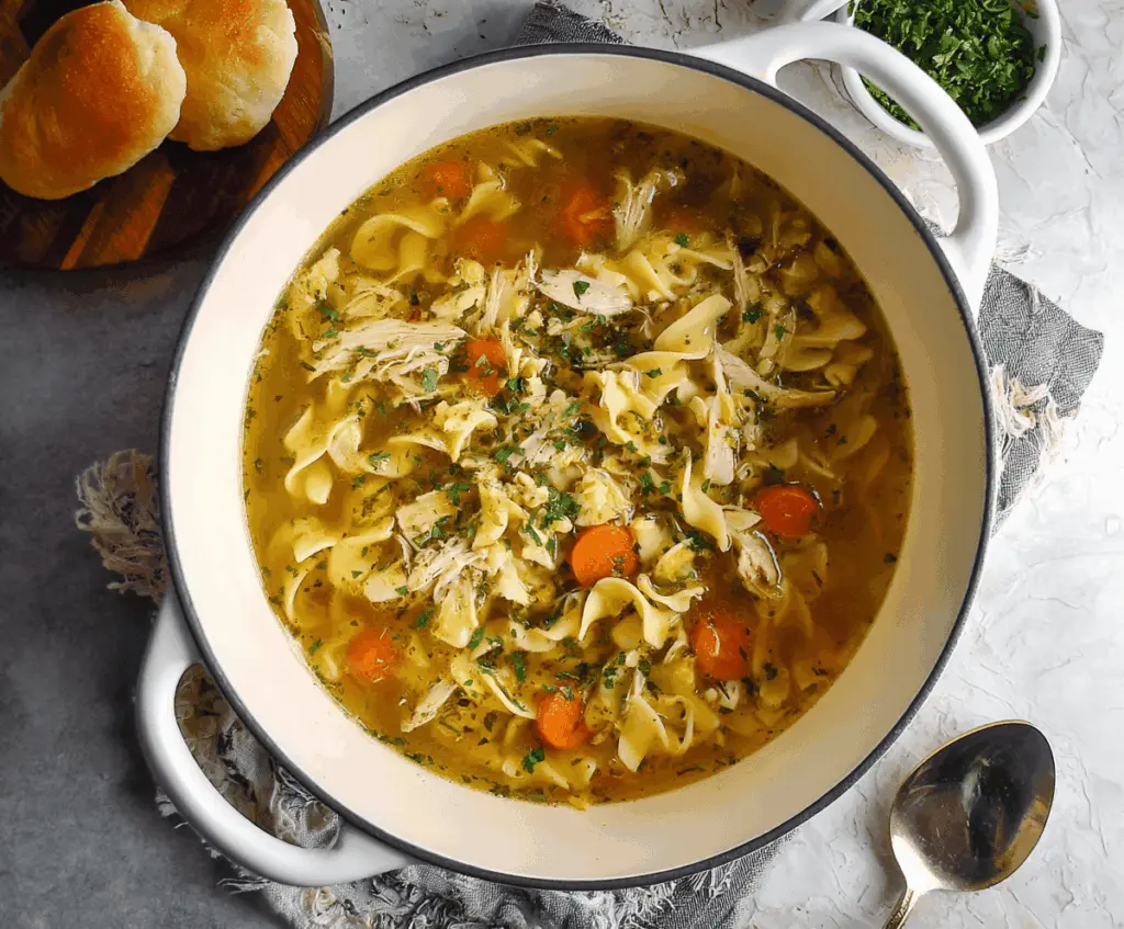 Creamy rotisserie chicken noodle soup in a bowl with fresh herbs and vegetables, perfect for a comforting homemade meal.