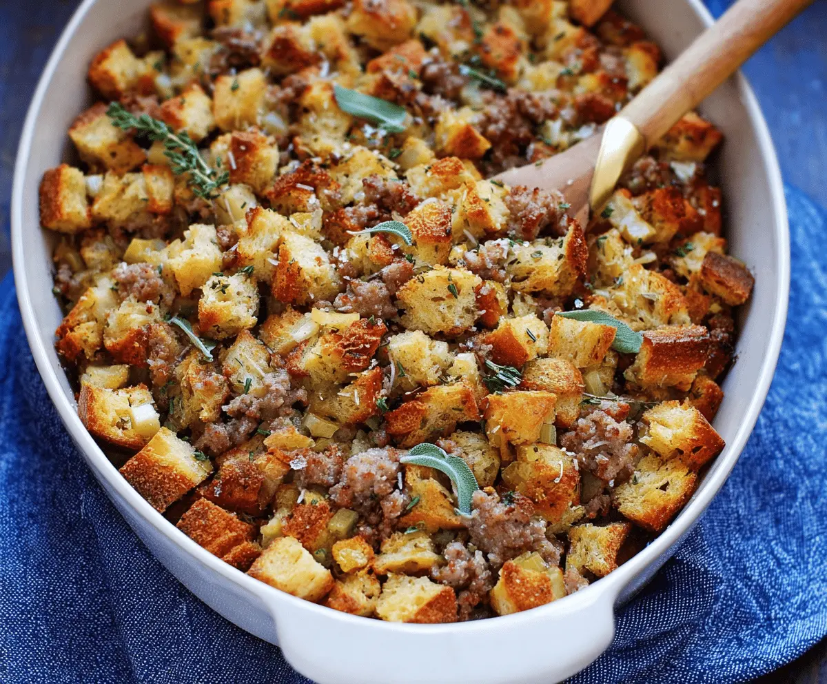 Delicious sausage, apple, and sage stuffing served in a baking dish, perfect for holiday dinners