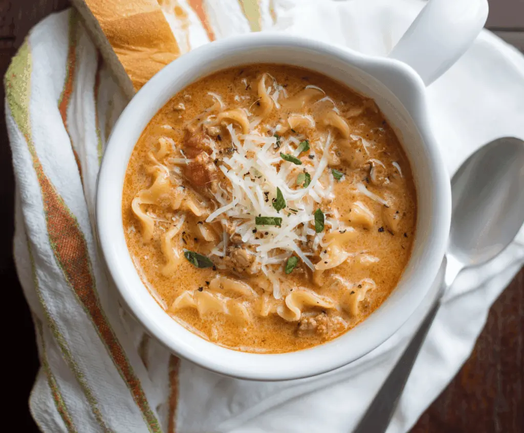 Creamy Slow Cooker Lasagna Soup in a bowl garnished with fresh herbs, featuring layers of cheese, ground meat, and pasta in a rich broth