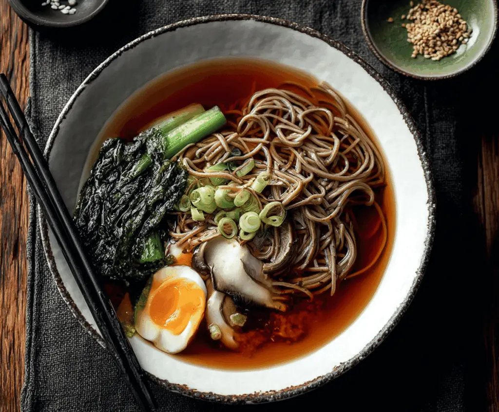 A steaming bowl of soba noodle soup garnished with green onions, sliced mushrooms, and seaweed, served in a traditional Japanese ceramic bowl.